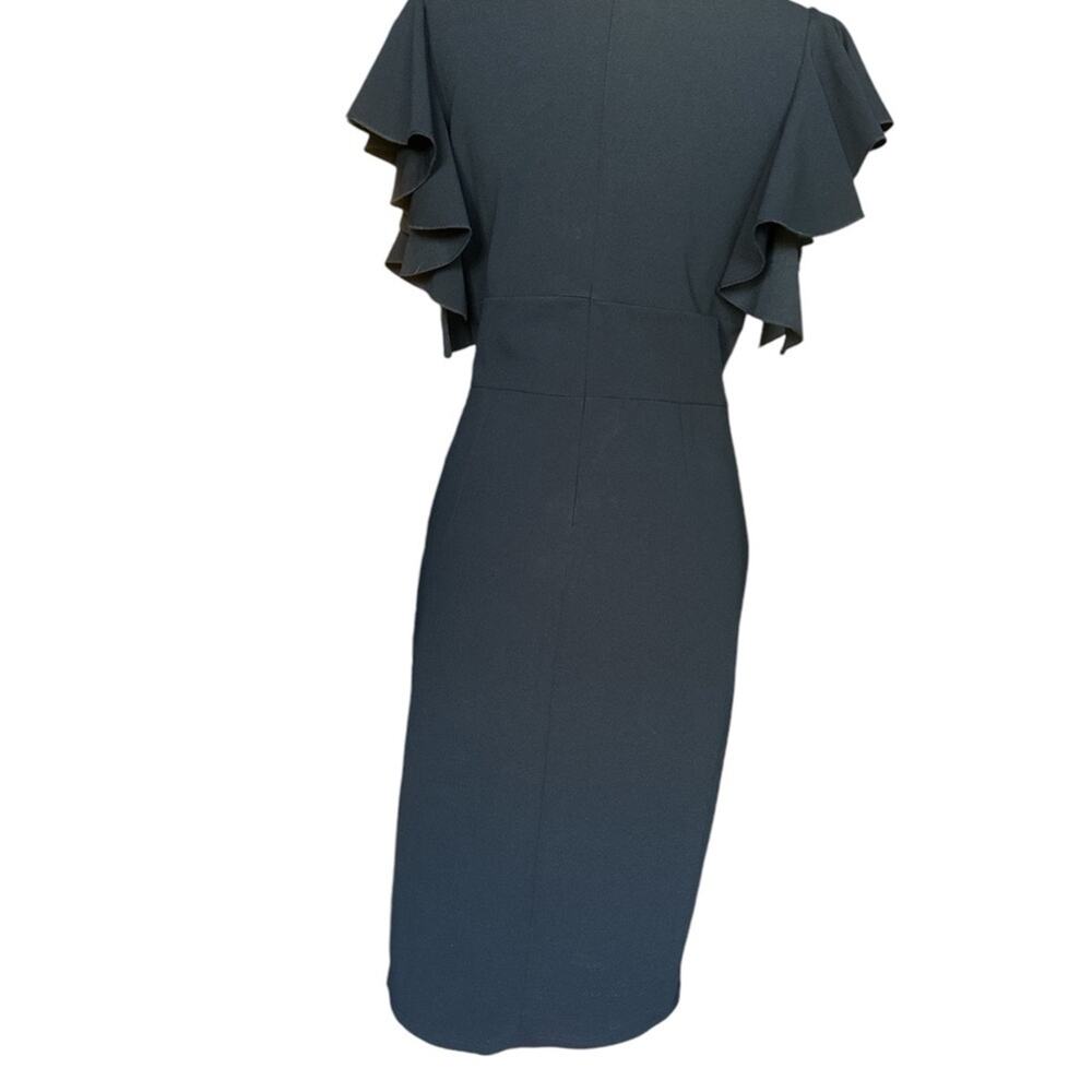 Black Ruffle Sleeve Fitted Midi Dress Front Slit Cocktail Evening Size 12 - Picture 6 of 7